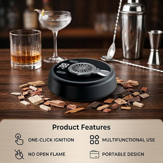 Electric Cocktail Smoker with LED Display – Rechargeable Whiskey Smoke Infuser for Drinks & Food – Includes 6 Wood Chips & Ice Mold – USB Powered Bar Tool for Home Bartenders