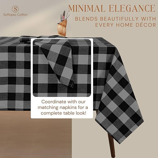 Premium Buffalo Plaid Tablecloth (60x102) - 100% Cotton Checkered Table Cover - Farmhouse Style, Washable Linen for Holiday Hosting, Dinner Parties, Family Dining, Light Grey & Black