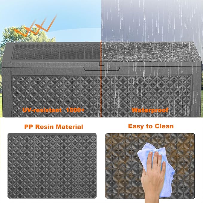 PatioZen 110 Gallon Deck Box Outdoor, Weatherproof Resin Patio Storage Box, Waterproof Outdoor Storage Boxes with Lid Lockable for Cushions, Garden Tools,Black