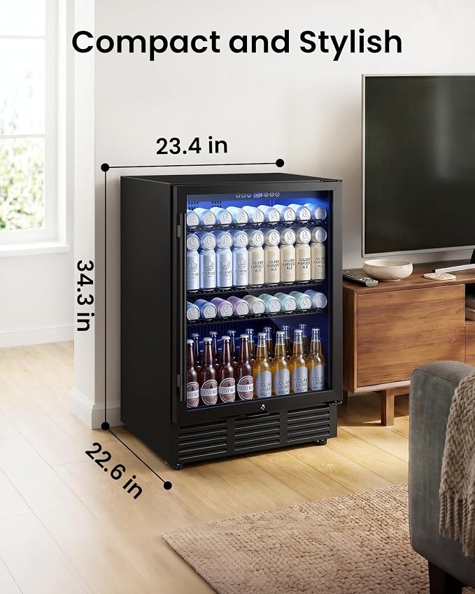 24 Inch Beverage Refrigerator 180 Cans | Under Counter Glass Door | 24 in beverage refrigerator, 180 cans, glass door, LED, lock, built-in or freestanding, quiet cooling for home, bar, kitchen