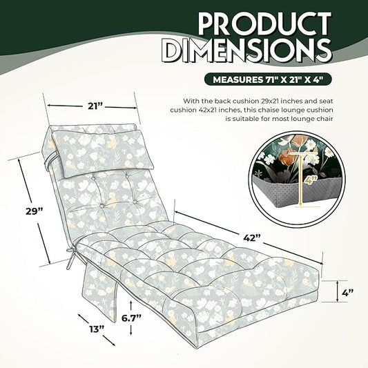 Outdoor Chaise Lounge Chair Cushion, Waterproof Outdoor Chair Cushions for Patio Furniture, 71 x 21 x 4 Inches Replacement Chaise Lounge Cushion with Ties (Black Flower)