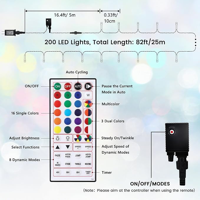 Toodour 4th of July String Lights, 66ft 200 LED RGB Color Changing String Lights with Remote & Timer, Waterproof Red White and Blue Lights for Home Yard Holiday Tree Party Indoor Outdoor Decoration
