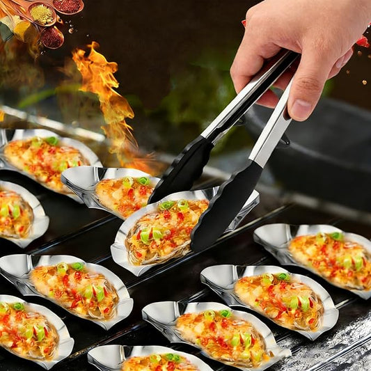 16PCS 304 stainless steel oyster grill tray and silicone tongs set, ideal for grilling oysters, shrimp, scallops, and clams.