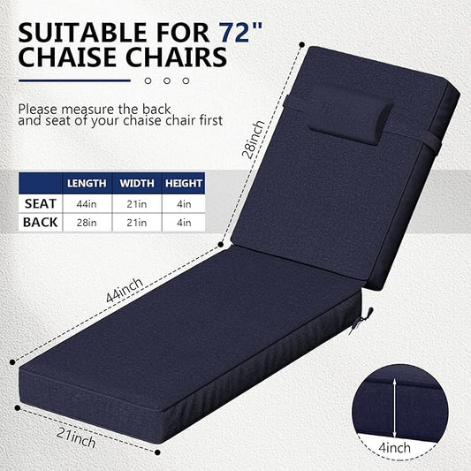72 x 21 x 4 Inch Olefin Chaise Lounge Cushions, Lounge Chair Cushions with Headrest for Outdoor Furniture - Weather and Fade Resistant Patio Replacement Furniture Lounge Chair Cushion