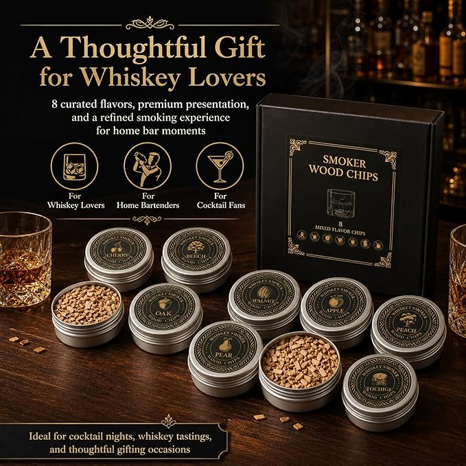 Cocktail & Whiskey Smoker Wood Chips, 8 Flavor Wood Chips Refill Set in Aluminum Tins for Cocktail Smoker Kit, Smoking Gun, Old Fashioned, Bourbon, Drinks, Cheese, Meat & Home Bar, Gift for Men