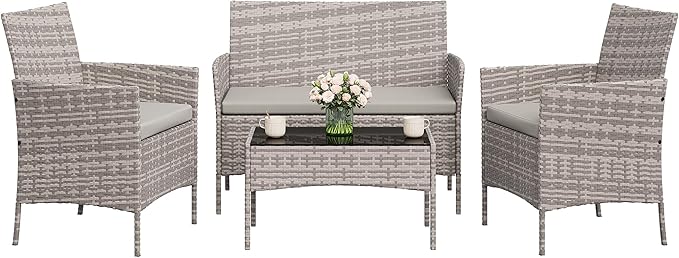 4-Piece Outdoor Furniture Set, PE Rattan Wicker Chairs with Soft Cushions & Tempered Glass Coffee Table - All-Weather Patio Set for Garden, Backyard, Porch, Poolside (Gray/Light Gray)