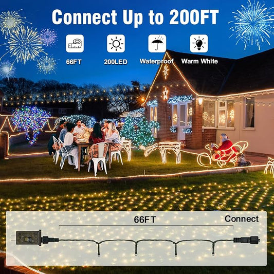 Nisocy LED Christmas Connectable String Lights Outdoor Waterproof โ Warm White Fairy Lights with Plug, Tree Lights for Patio, Garden, Bedroom, Wedding, Party, Decor (66FT)