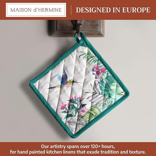 Maison d' Hermine Pot Holders 100% Cotton Heat Resistant Potholders 8" x 8" Hot Pads with Loop BBQ Cooking Baking Hotel Farmhouse Kitchen Handling Hot Pans Spring Summer (Pack of 1, Tropiques)