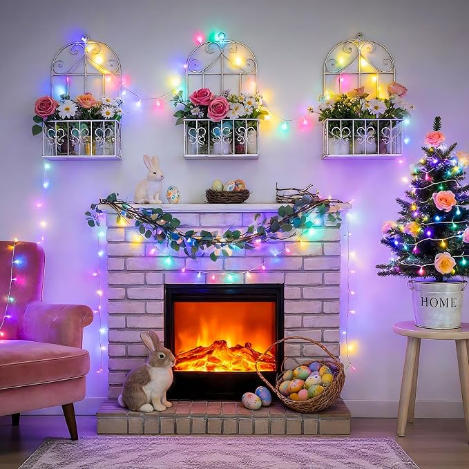 JMEXSUSS 33ft 100 LED Easter Lights Battery Operated, Outdoor Indoor Pastel Lights for Easter, Colorful String Lights for House Porch Yard Garden Tree Decor