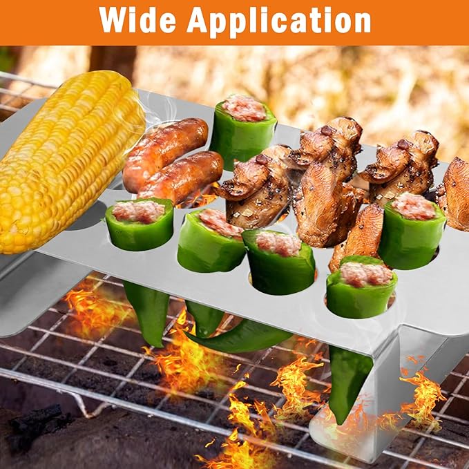 18 Hole Jalapeno Grill Rack for Chili, Stainless Steel Barbecue Chili Peppers Grill Rack with Handle, Jalapeno Popper Stand for BBQ Smoker or Oven (Silver)