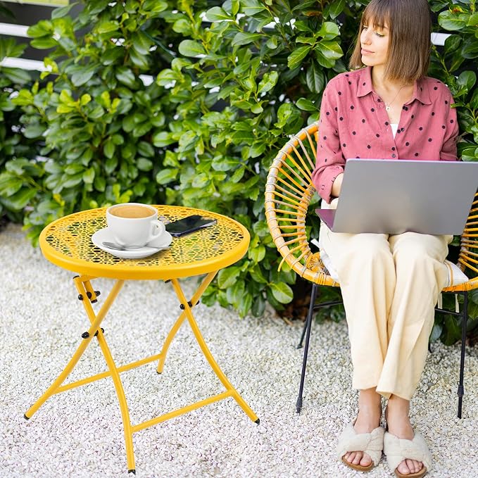 TeoKJ Folding Outdoor Side Table, Small Patio Table with Flower Cutouts | Metal Round Anti Rust Patio Desk, No Assembly Small Nightstand for Yard, Balcony, Lawn, Pool, Lightweight, Yellow