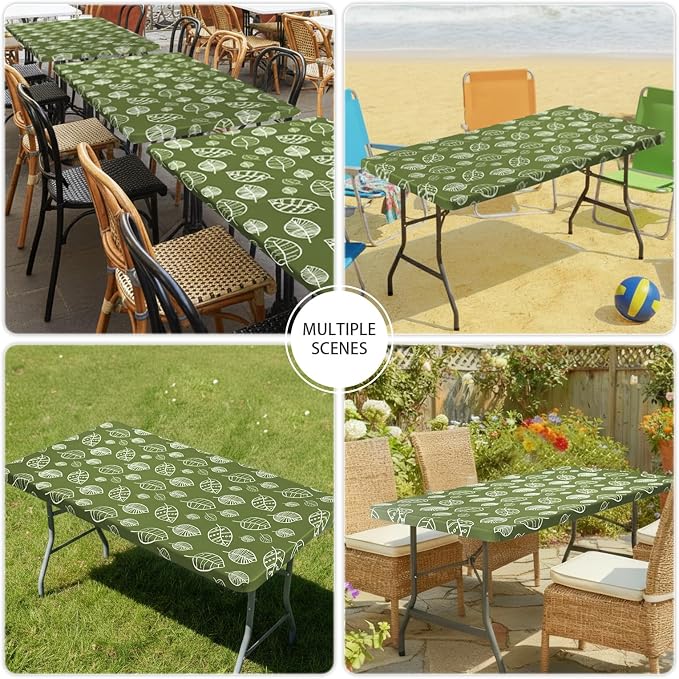 Smiry Spandex Fitted Tablecloth for 8 Foot Rectangle Tables, Washable Picnic Table Cover with Elastic, Stretch Reusable Table Cloth for Outdoor, Camping, Dining & Kitchen (Line Leaf, 30"x96")