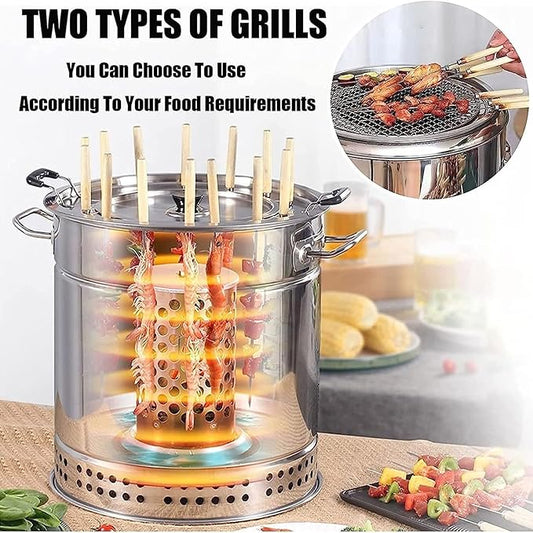 Charcoal Barrel BBQ Grill with Rolling Grilling Basket, Stainless Steel BBQ Grill Mesh Barrel with Kabob Skewers, for Camping and Barbecue(28-Skewer Oven)