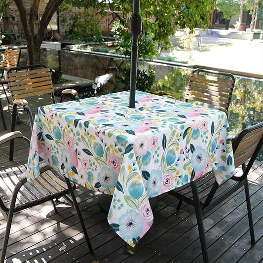 EHouseHome Outdoor Indoor 60inch SquareTablecloth with Umbrella Hole and Zipper, Waterproof Zippered Patio Table Cloths, Spring/Summer Table Covers for Backyard Circular Table/BBQs/Picnic
