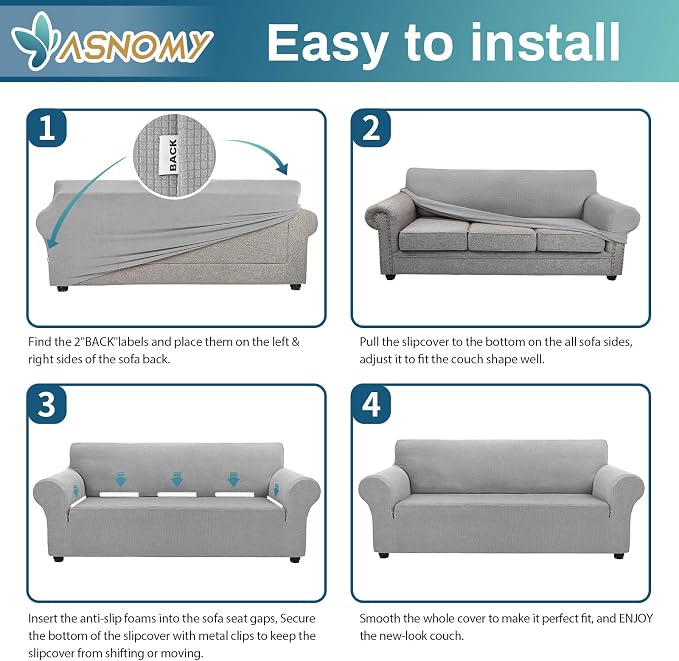 Asnomy Stretch Couch Covers for Sofa Washable, 3 Cushion Couch,Silver | 1-Piece Sofa Covers(78"-94") 3-Seater Furniture Protector Soft Jacquard,Non-Slip Elastic Bottom For Dogs & Kids