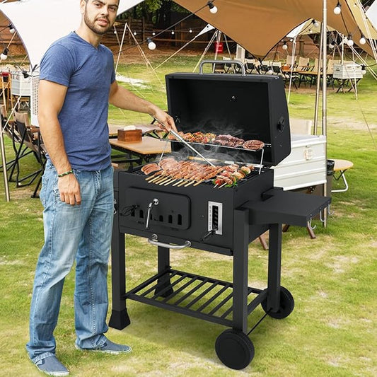 Barrel Charcoal Grill with Side Tables, 544 sq.in Cooking Space, Portable Camping Grill w/Wheels, Charcoal Tray, Pull-out Ash Tray, Thermometer, Outdoor BBQ Grill for Patio, Backyard, Party