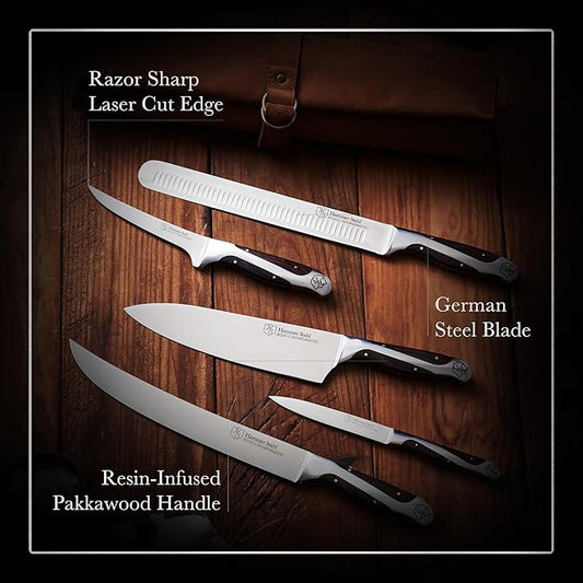 Hammer Stahl BBQ Knife Set | 5 Knives with Engraved Leather Roll | The Essential Barbecue Tools | High Carbon German Forged Stainless Steel Blades