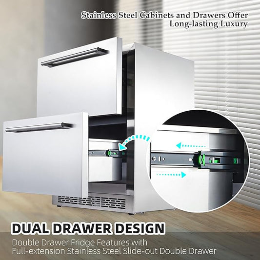 24 inch Undercounter Refrigerators with Weatherproof Full Stainless Steel Body, Built-in Beverage Refrigerator for Home and Commercial Use, Stainless Steel Door, Fast Cooling, Low Noise, 37-65 °F