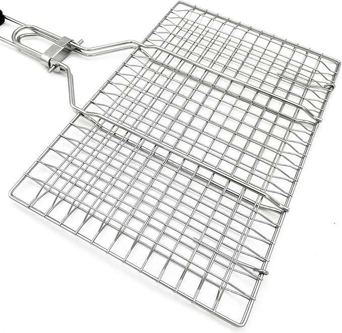 Stainless Steel BBQ Grill Basket With Silicone Brush And Stainless Steel Tong Barbecue Fish Grill Basket for Outdoor Grill Foldable Vegetable Grilling Rack