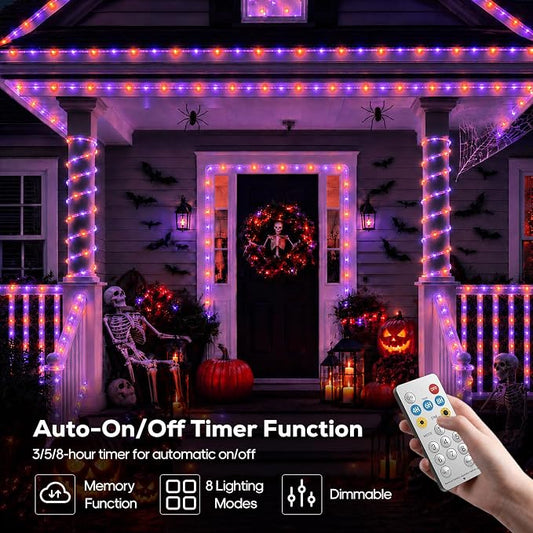 Halloween Decoration Solar Rope Lights 66FT 200LED 1800mAh -Purple & Orange | Type C & Solar, With Remote, Waterproof, Timing, 8 Modes, for Halloween Party Autumn Christmas Decoration