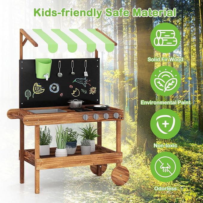 INFANS Mud Kitchen, Outdoor Play Kitchen with Drawing Board, Real Water Flow, Removable Sink, Storage, Cooking Accessories, Wooden Kids Kitchen Playset Gift for Boys Girls Ages 3+