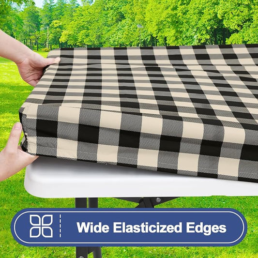 Smiry Picnic Table Cloth 2 Pack, Waterproof Elastic Fitted Tablecloths for 6FT Rectangle Tables, Washable Polyester Buffalo Plaid Tablecloth for Camping, Dining & Outdoor (Black & Beige, 30" x 72")