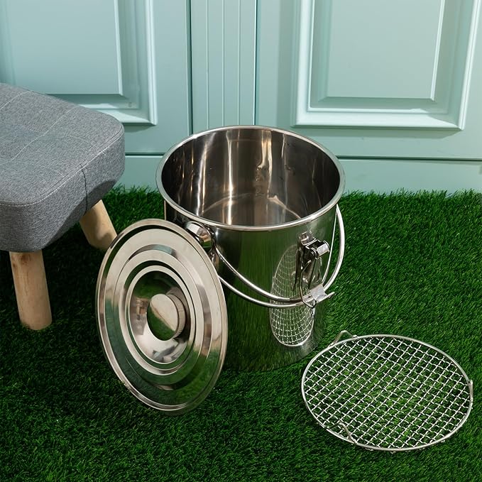 3 Gallon Stainless Steel Charcoal Saver ash Bucket with Grill and Lockable Lid, Fire Bucket for Collecting Hot Charcoal and Ashes, for Fireplaces, Fire Pits, Hearths, Indoors Outdoors