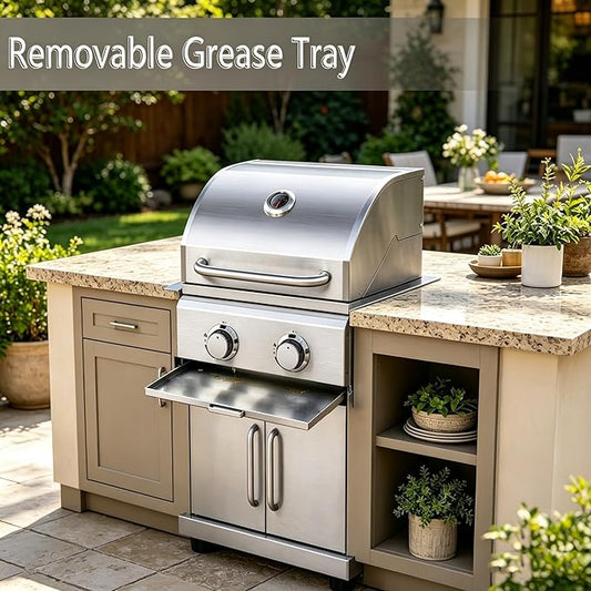 2 Burner Propane Gas Grill, Built-In Head BBQ, 304 Stainless Steel 20,000BTUs,Island Natural Gas Convertible Outdoor Kitchen Island Family Cooking