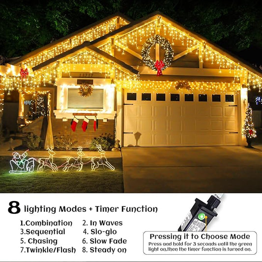 66ft Icicle Lights for Outside - 640 LED Christmas Lights Outdoor with 120 Drops 8 Modes, Plug in Twinkle Light Outside for Holiday Wedding Party Tree Room Indoor Thanksgiving Decoration, Warm White