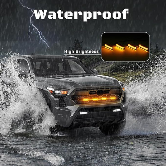 LED Grill Lights - 4PCS Front Grill Lights for Toyota Tacoma TRD Sport TRD Off-Road TRD Pre Runner 2024 2025 2026 with Fuse Adapter & Harness (Amber Light with Black Shell)