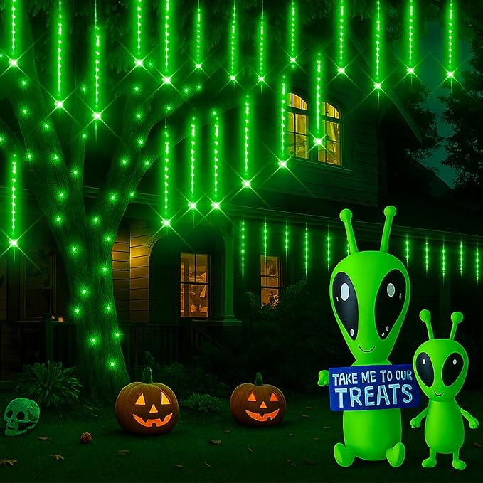 Green Meteor Shower Lights for Halloween Christmas Alien Decoration Outdoor | 16 Tubes, Equivalent to 2 Sets of 8-Tube, Green Icicle Lights for Halloween Xmas St. Patrick's Day Alien Decor, UL Plug
