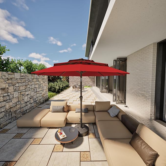 PatioKingdom 9ft 3-Tier Patio Market Umbrella with Crank/Tilt, Commercial Heavy Duty Wind Proof,Outdoor Table Umbrella with 8 Fiberglass Ribs,UPF50+ for Deck,Pool,Garden,Backyard (Red)
