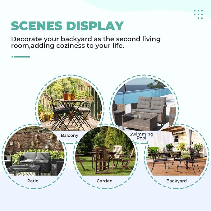 DANGHOOGY Wicker Chair Cushions, Waterproof Outdoor Loveseat Cushions for Patio Furniture, Tufted Wicker Furniture Cushions, 1 Loveseat and 2 U-Shaped Cushions (Cyan Rose)