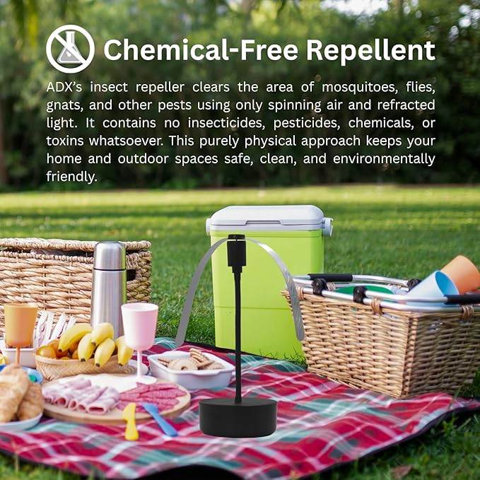 Black USB-C Rechargeable Fly Fan For Tables FF-BK-01, Outdoor Dining Accessory and BBQ Essential, Lightweight with Adjustable Neck, Picnic Table Accessory and Patio Must-Have