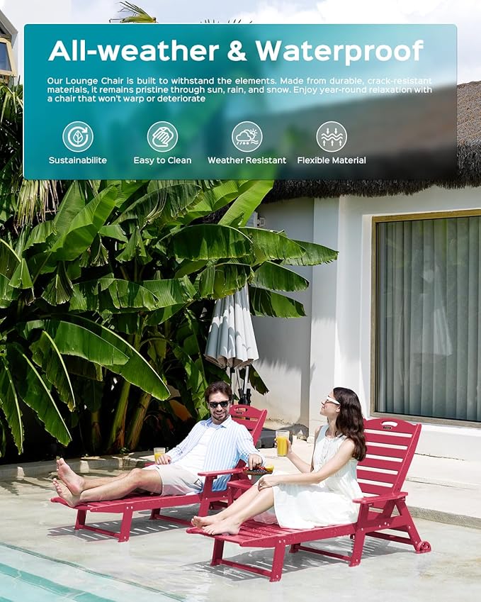 Ciokea Outdoor Chaise Lounge Chair Set of 2, Patio Lounge Chairs for Outside, HDPE Lounge Chair with Wheels & Cup Holder, Poly Chair with 5 Position for Poolside, Deck, Red