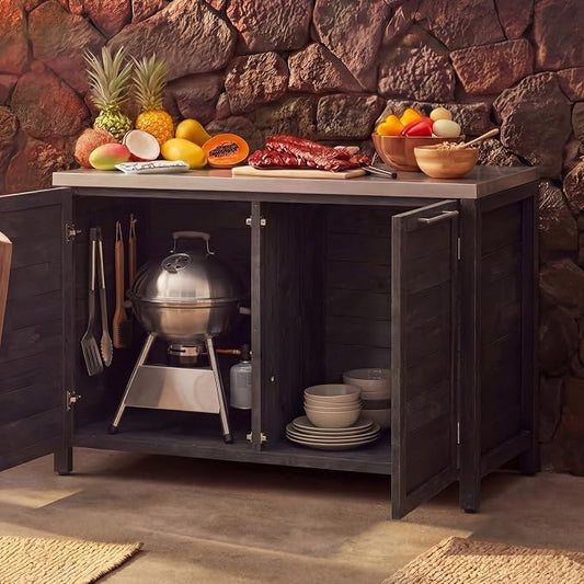MOUMON Patio Kitchen Storage Cabinet with Stainless Steel Countertop, Solid Cedar Patio Prep Table for Grilling, Outdoor Cooking Station, Dark Grey 51.2”W x 23.6”D x 37.4”H
