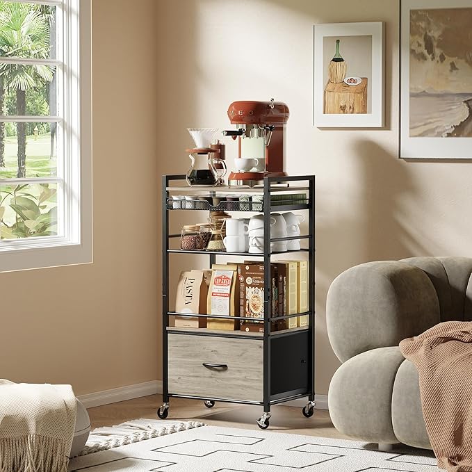 Coffee Bar Cabinet with Storage,5 Tier Coffee Station Table on Wheels, 33.6" H Cart with Drawer for Home Kitchen, Liquor Buffet Sideboard Cabinet (Black)