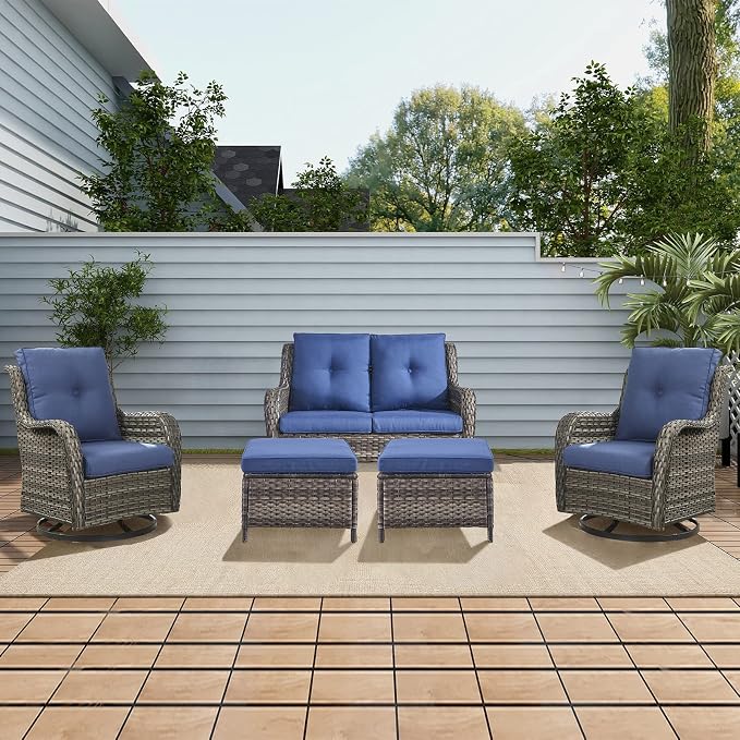Rilyson Luxury Patio Outdoor Wicker Loveseat 500 Lbs Weight Capacity, Rattan Outdoor 2 seat Sofa Wicker with Deep Seating and Replaceable Cushions for Outside Porch Deck Balcony (Mixed Grey/Blue)