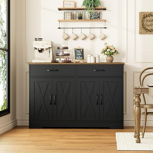 HOSTACK Buffet Cabinet with Storage, 47.2" Kitchen Sideboard Buffet with Drawers, Modern Farmhouse Coffee Bar Station with Shelves, Barn Doors Storage Cabinet for Living Room, Black/Rustic Brown
