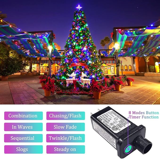 JMEXSUSS 500 LED Multicolor Christmas Tree Lights Plug in | 8 Modes, Indoor Outdoor Use, Waterproof, Green Wire, Twinkle Christmas String Lights for Tree Yard Garden Xmas Decoration
