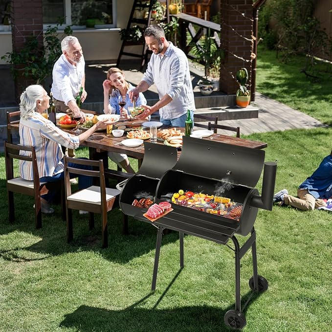 Outdoor BBQ Charcoal Grill, Portable Barrel Charcoal Grill for 6-10 People with Offset Smoker & Wheels for Patio Backyard Picnic Cooking Camping