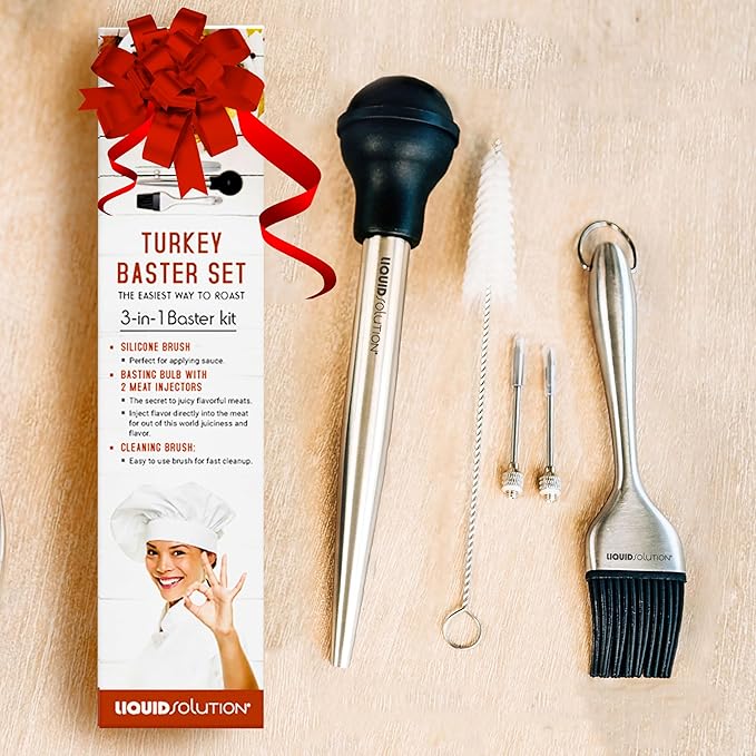 Liquid Solution Turkey Baster 5 Piece Set – Includes Baster for Cooking, Barbecue Basting Brush, 2 Flavor Injector with Cleaning Brush – Great Gift Idea for Thanksgiving