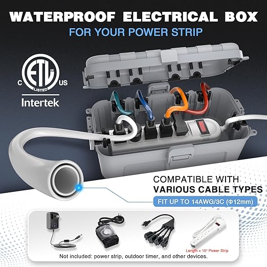 Flemoon Medium Outdoor Electrical Box (11.5x5.2x4 inch), IP54 Waterproof Extension Cord Cover w/6 Cable Entry Ports, Weatherproof Connection Box for Power Strip, Timer, Holiday Lights, Light Grey