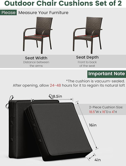 Outdoor Chair Cushion 18.5 x 16 x 4 Inches Patio Furniture Outdoor Waterproof Seat Cushion, Patio Chair Cushion with Handles and Ties, Square Dining Chair Cushion Set of 2, Black