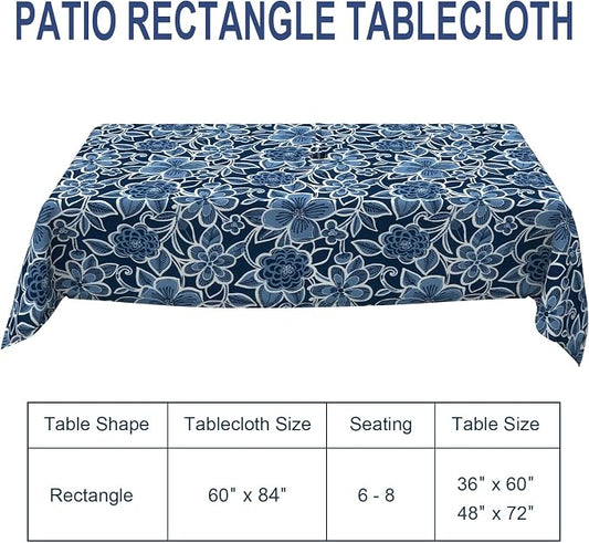 Outdoor Rectangle Tablecloth, 60×84 Inch Water Repellent Picnic Table Cover with Umbrella Hole Zipper for Patio Family Meal, Flower Navy