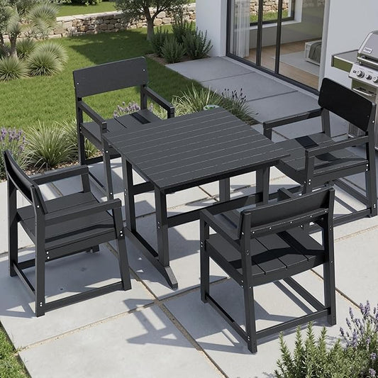Shintenchi 5 Pieces Outdoor Dining Set,HDPE Outdoor Table and Chairs Set for 4,All Weather Patio Furniture Sets,Modern Wooden Textured Dining Sets for Backyard,Garden,Black