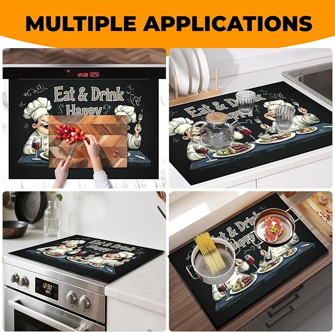 Heat-Resistant Glass Stove Top Cover with Anti-Slip Rubber Coating – Electric Stove Protector, Scratch-Resistant, Counter Space Decor Mat (Chef, 28.5"L x 20.5"W)