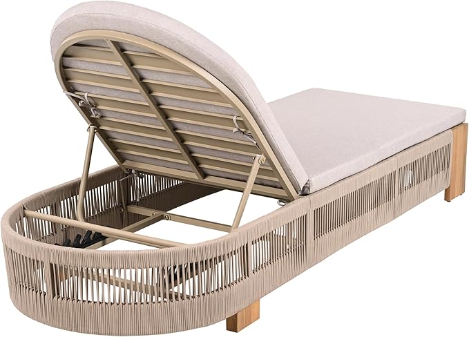 Merax 2-Piece Outdoor Chaise Lounge Chair with Adjustable Backrest & Waterproof Cushion - Acacia Wood Pool Sun Lounger for Patio, Beach, Yard, Garden, Beige