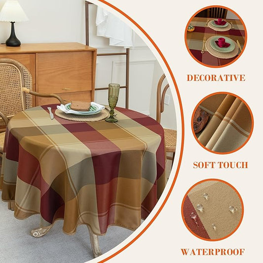60" Round Polyester Plaid Tablecloth for Thanksgiving, Fall Table Cover Spillproof & Dust-Proof - Ideal for Indoor & Outdoor Use