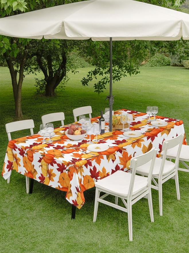 Fall Tablecloth with Umbrella Hole and Zipper Fall Leaves Pumpkin Rectangle Outdoor Tablecloths 60x102 Outside Table Cloths Autumn Harvest Patio Table Cover for Fall Thanksgiving Outdoor Picnic Garden